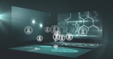 Siyah arkaplanda medya simgeleri ve veri işleme resimleri. küresel teknoloji ve dijital arayüz kavramı dijital olarak oluşturulmuş görüntü.