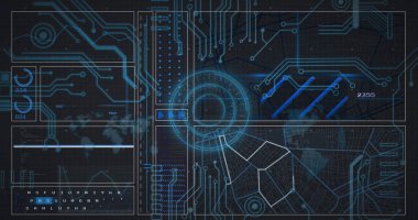 Siyah arkaplanda tarama ve veri işleme görüntüsü. küresel teknoloji ve dijital arayüz kavramı dijital olarak oluşturulmuş görüntü.