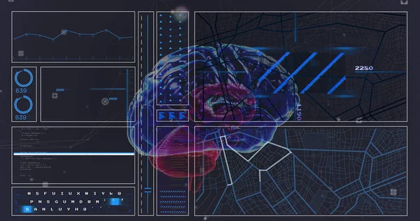 Beeld Van Hersenen Gegevensverwerking Zwarte Achtergrond Global Technology Digital Interface — Stockfoto
