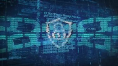 Dijital kalkanın animasyonu, asma kilit ve zincir mavi arka plandaki veri işleme üzerinde. küresel internet güvenliği, veri işleme, bağlantılar ve dijital arayüz kavramı dijital olarak oluşturulmuş vide