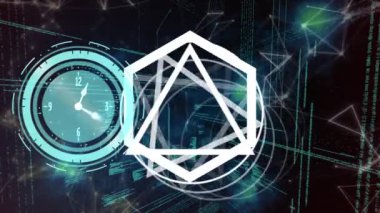 Dönen geometrik şekillerle siyah arkaplan üzerinde hareket eden saatin animasyonu. zaman, bağlantılar ve teknoloji konsepti dijital olarak oluşturulmuş video.