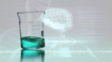 Şişenin üzerinde DNA ipliği ve dijital beyin animasyonu. küresel bilim ve dijital arayüz kavramı dijital olarak oluşturulmuş video.