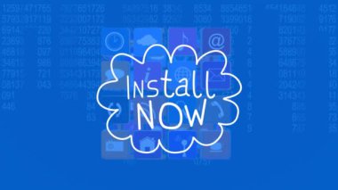 Mavi arkaplandaki ikili kodlama üzerine metin ve simgelerin kurulumu. Sosyal medya ve iletişim arayüzü kavramı dijital olarak oluşturulmuş video.