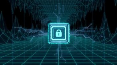 Meta evren ve bilgisayar devre kartı üzerindeki çevrimiçi güvenlik kilidinin animasyonu. küresel hesaplama, veri işleme, teknoloji ve dijital arayüz kavramı dijital olarak oluşturulmuş video.