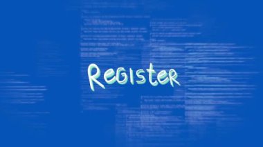 Mavi arkaplandaki veri işleme üzerinde kayıt metninin canlandırması. Sosyal medya ve iletişim arayüzü kavramı dijital olarak oluşturulmuş video.