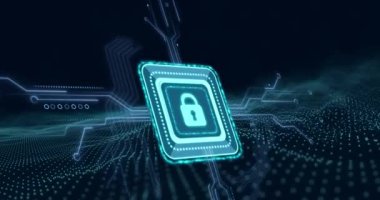 Bilgisayar devre kartı ve ağ üzerindeki çevrimiçi güvenlik kilidinin animasyonu. küresel hesaplama, veri işleme, teknoloji ve dijital arayüz kavramı dijital olarak oluşturulmuş video.