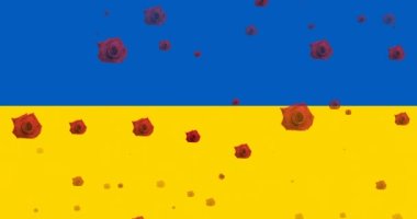 Ukrayna bayrağının üzerinde dalgalanan kırmızı güllerin animasyonu. Ukrayna krizi, destek ve uluslararası politika konsepti dijital olarak oluşturuldu.