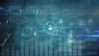 Ekrandaki çeşitli veriler üzerinden simgelerle bağlantı ağının canlandırılması. küresel ağ, iş dünyası, bağlantılar ve teknoloji konsepti dijital olarak oluşturulmuş video.