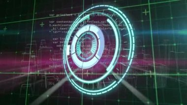 Değişik veriler ve metazır şehrin siyah ve pembe uzayda işlem çemberinin animasyonu. Bina tasarımı, mimari ve teknoloji konsepti dijital olarak oluşturulmuş video.