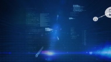 Veri işleme ile mavi arkaplan üzerindeki simgelerle bağlantı ağının animasyonu. küresel bağlantılar, ağ, veri işleme ve teknoloji konsepti dijital olarak oluşturulmuş video.