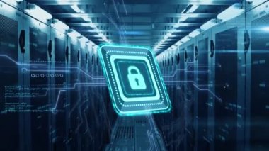 Bilgisayar devre kartının üzerindeki çevrimiçi güvenlik asma kilidiyle veri işleme animasyonu. küresel hesaplama, veri işleme, teknoloji ve dijital arayüz kavramı dijital olarak oluşturulmuş video.