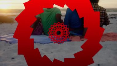 Sahildeki çeşitli arkadaş grupları üzerinde kırmızı şekillerin animasyonu. Sosyal medya ve dijital arayüz kavramı dijital olarak oluşturulmuş video.