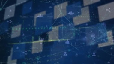 Ağ simgeleriyle mavi ekran üzerinde çeşitli finansal veri ve grafiklerin animasyonu. küresel finans, ekonomi, teknoloji ve dijital arayüz kavramı dijital olarak oluşturulmuş video.
