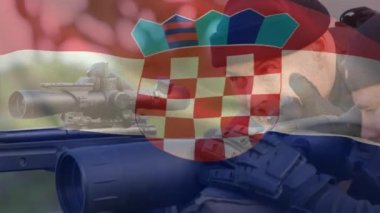 Beyaz silahlı erkek askerin üzerinde Hırvat bayrağının canlandırılması. Ordu, kamu savunması ve vatanseverlik kavramı dijital olarak oluşturulmuş video.