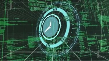 Siyah arka planda veri işleme üzerinde hareket eden saatin animasyonu. zaman, veri işleme ve teknoloji konsepti dijital olarak oluşturulmuş video.