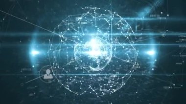 Mavi arkaplandaki simge ve şekillerle bağlantı ağının animasyonu. Sosyal medya ve iletişim arayüzü kavramı dijital olarak oluşturulmuş video.