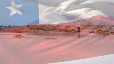 Sahildeki yaşlı beyaz kadın yerine Şili bayrağının animasyonu. yaşlılar yaşam tarzı, emeklilik ve tatil konsepti dijital olarak oluşturulmuş video.