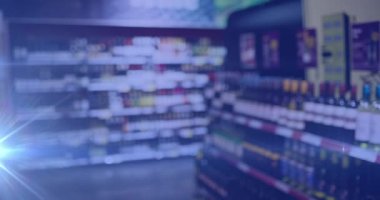 Mavili bulanık alkol dükkanının üzerindeki ışıkların animasyonu. şarap işi, tatma ve kutlama konsepti dijital olarak oluşturulmuş video.