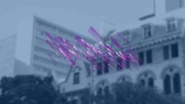 Şehir manzarası üzerindeki mavi patikaların animasyonu. Sosyal medya ve iletişim arayüzü kavramı dijital olarak oluşturulmuş video.