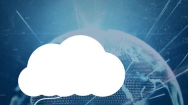 Değişik teknolojik cihazlarla dönen dünyanın üzerindeki bulutların animasyonu. küresel ağ, bağlantılar, bulut hesaplama ve teknoloji konsepti dijital olarak oluşturulmuş video.