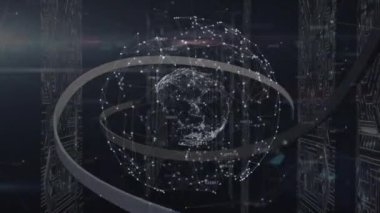 Sunuculardaki entegre devreler üzerinden kurdele, bağlantı ve dünyanın animasyonu. global internet, bilgisayarlar, veri işleme, bağlantılar ve teknoloji konsepti dijital olarak oluşturulmuş video.