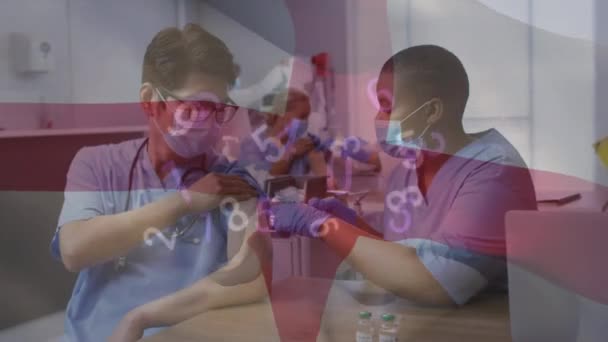 Animazione Numeri Bandiera Inglese Diverse Donne Medico Vaccinare Uomo Medicina — Video Stock