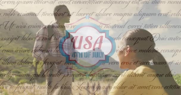 Animation Independence Day Text Smiling Diverse Couple Hiking Patriotism Celebration — Stock Video