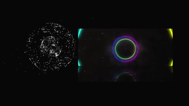 Animation Von Verbindungsnetzen Und Neon Kreisen Auf Schwarzem Hintergrund Farb — Stockvideo