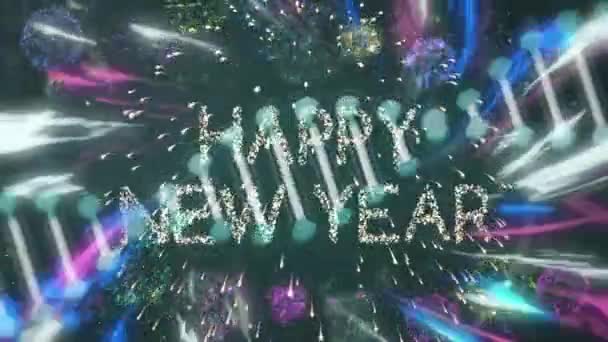 回転するDna鎖の上に幸せな新年のアニメーションと黒を背景に花火 新年パーティーお祝いデジタルインターフェースの概念デジタル生成ビデオ — ストック動画