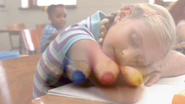 Animation Crayons Caucasian Girl Sleeping Desk School Elementary School Education — Stock Video