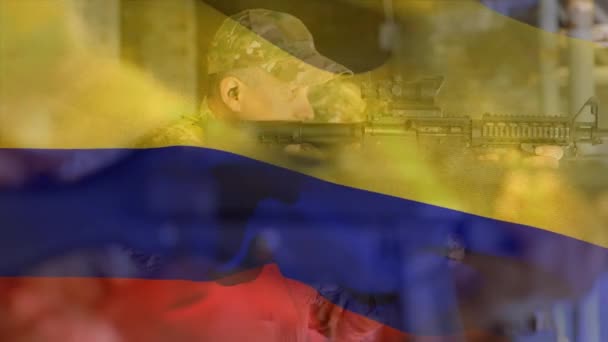 Kolumbia Bayrağının Farklı Silahlı Erkek Askerler Üzerinde Canlandırılması Ngiliz Bayrağının — Stok video