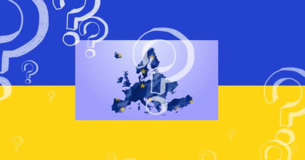 Animación Signos Interrogación Flotando Sobre Mapa Europeo Bandera Ucrania Crisis — Vídeos de Stock