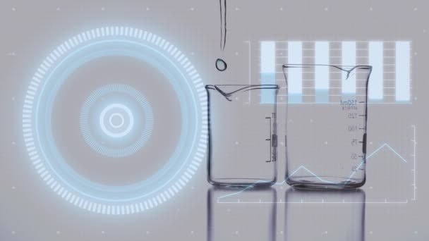 Анімація Різних Даних Над Реагентами Вливаються Лабораторні Окуляри Наука Хімія — стокове відео
