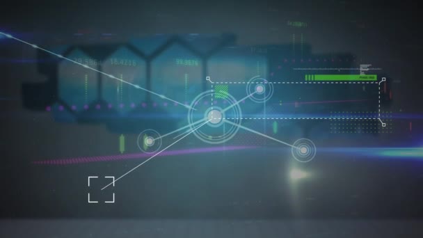 Animação Rede Conexões Sobre Tela Azul Com Diversos Dados Financeiros — Vídeo de Stock