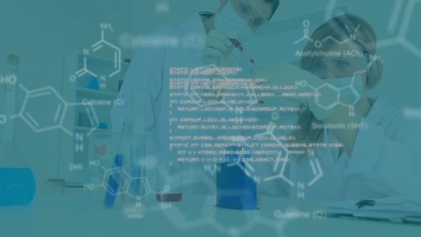 Animering Vetenskaplig Databehandling Över Kaukasiska Kvinnliga Labbarbetare Vetenskap Medicin Hälso — Stockvideo