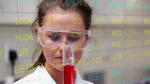 用试剂对拿着玻璃的高加索女性实验室工作人员进行财务数据处理的动画 经济和技术概念数码视频 — 图库视频影像