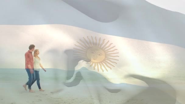 Animação Bandeira Argentina Sobre Família Caucasiana Praia Conceito Patriotismo Celebração — Vídeo de Stock