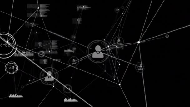 Κινούμενο Σχέδιο Δικτύου Συνδέσεων Εικονίδια Και Επεξεργασία Δεδομένων Μαύρο Φόντο — Αρχείο Βίντεο