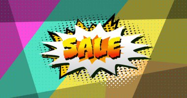 Renkli arkaplanda satılık metin resmi. Retro gelecek ve sosyal medya konsepti dijital olarak oluşturulmuş görüntü.