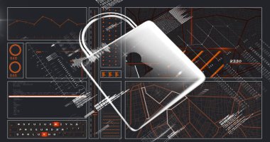 Çevrimiçi güvenlik asma kilidi üzerinden veri işleme ve bağlantılarının görüntüsü. küresel çevrimiçi bağlantılar, dijital arayüz ve dijital olarak oluşturulmuş görüntü veri işleme kavramı.