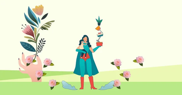 Зображення Супергеройської Матері Іконою Дочки Над Рослинами Концепція Ретро Майбутнього — стокове фото