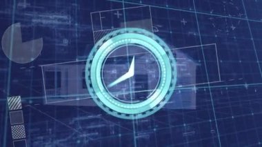 Çeşitli verilerin ve ev projelerinin üzerinde hareket eden saatin animasyonu. bina tasarımı, mimari, zaman ve teknoloji konsepti dijital olarak oluşturulmuş video.