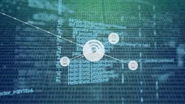 İkili kodlu yeşil ve mavi arkaplan üzerindeki simgelerle bağlantı ağının animasyonu. küresel bağlantılar, ağ, veri işleme ve teknoloji konsepti dijital olarak oluşturulmuş video.