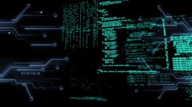 Bilgisayar devre kartından veri işleme animasyonu. küresel hesaplama, veri işleme, teknoloji ve dijital arayüz kavramı dijital olarak oluşturulmuş video.