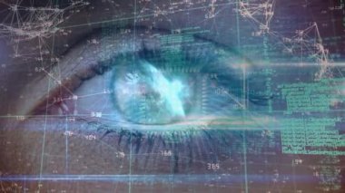 Veri işleme ve mavi göz üzerindeki bağlantıların animasyonu. çevrimiçi kimlik, hesaplama, veri işleme ve dijital arayüz kavramı dijital olarak oluşturulmuş video.