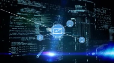 Veri işleme ile siyah arkaplan üzerindeki simgelerle bağlantı ağının animasyonu. küresel bağlantılar, ağ, veri işleme ve teknoloji konsepti dijital olarak oluşturulmuş video.