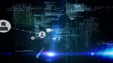 Veri işleme ile siyah arkaplan üzerindeki simgelerle bağlantı ağının animasyonu. küresel bağlantılar, ağ, veri işleme ve teknoloji konsepti dijital olarak oluşturulmuş video.