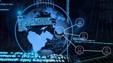 Dünya çapında insan simgeleri ve veri işleme ağları animasyonu. küresel ağ, hesaplama, veri işleme ve dijital arayüz kavramı dijital olarak oluşturuldu.