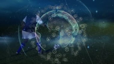 Afro-Amerikan erkek futbolcu üzerinde dönen dünya ve simgelerin animasyonu. global spor, bağlantılar ve teknoloji konsepti dijital olarak oluşturulmuş video.