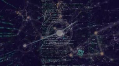 Mavi arkaplandaki simgeler ve veri işleme ile bağlantı ağının animasyonu. Sosyal medya ve iletişim arayüzü kavramı dijital olarak oluşturulmuş video.